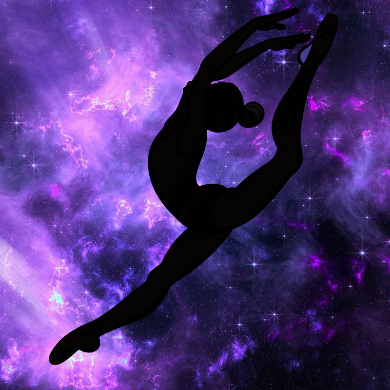 gymnast doing a leap in a leotard with a bent back leg