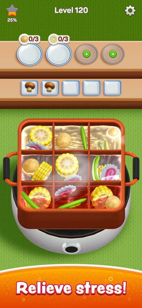 Hot Pot Go 3D food sorting puzzle level with ingredients like corn and mushrooms in a boiling pot
