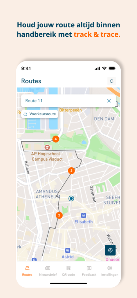 Interfaz de mapa en la aplicación I-Bus que muestra una ruta de autobús en vivo con paradas numeradas y rastreo en tiempo real.
