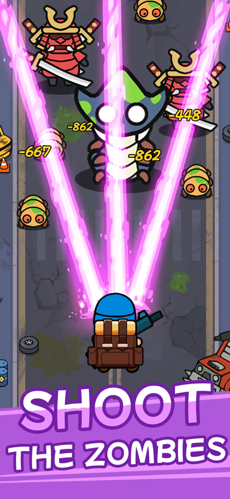 Bag Merge : Zombie Battle - Gameplay of Bag Merge Zombie Battle showing a character firing pink lasers at monsters