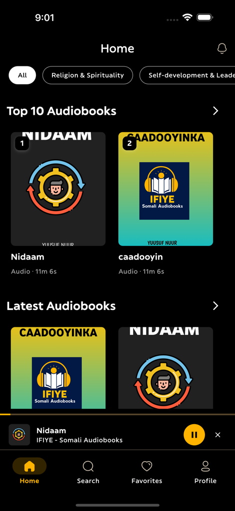 IFIYE Somali Audiobooks - IFIYEソマリ語オーディオブックアプリのホーム画面。カテゴリと「Nidaam」、「Caadooyin」のようなトップオーディオブックが表示されています。