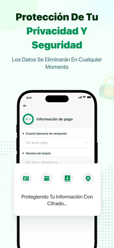 Coparfin Dinero - Coparfin Dinero mobile app security screen highlighting data encryption and privacy protection for financial transactions.