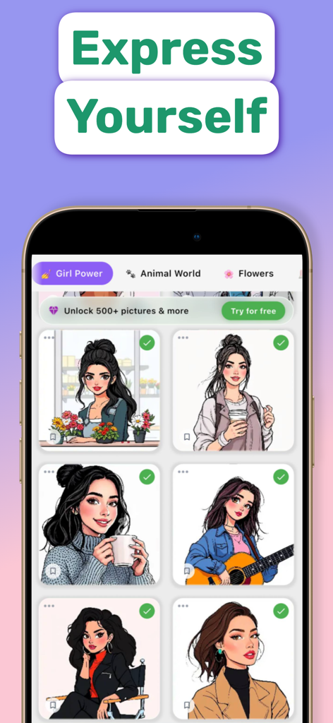 NumColor AI - Coloring Games - Galeria do aplicativo NumColor AI exibindo diversos retratos de mulheres na categoria Girl Power.