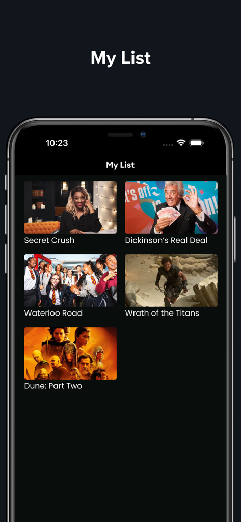 The My List screen in the BFBS Player app featuring a selection of British TV shows and movies.