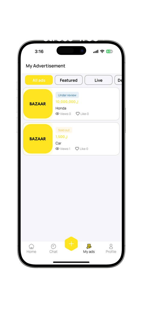 Bazaar - بازار - A screen in the Bazaar app titled My Advertisement showing a list of user ads with status labels like under review and sold out