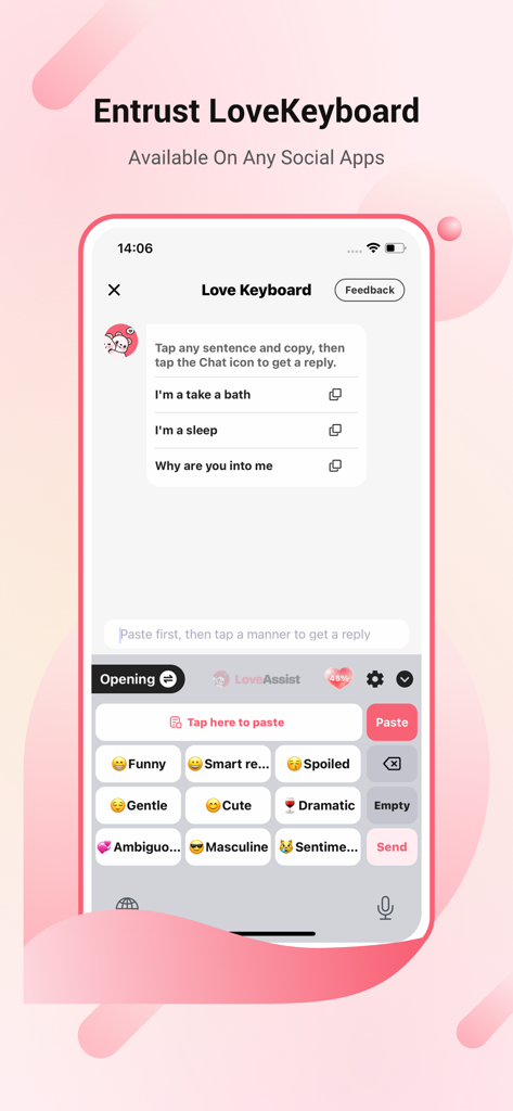 LoveAssist - Captura de pantalla de la aplicación LoveAssist mostrando la interfaz del Teclado de Amor con varios tonos de respuesta como Divertido, Inteligente y Masculino para mensajería en redes sociales.