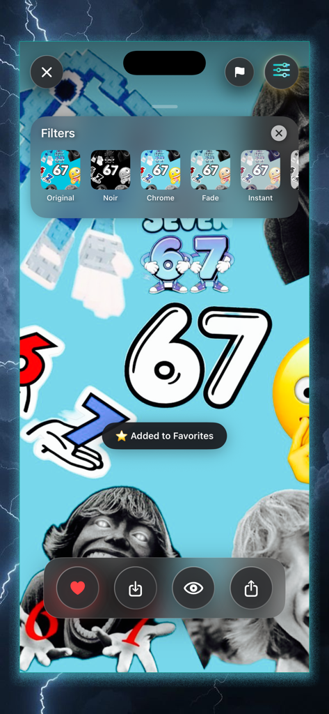 67 meme Wallpaper - Interface of 67 meme Wallpaper app showing filter options and a collage background with cartoon characters