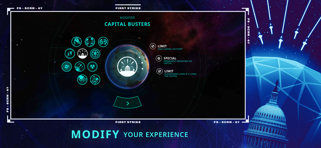First Strike - Nuclear RTS - First Strike Nuclear RTS game screen showing modifier options for the Capital Busters mode