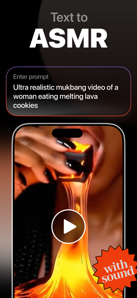CALMR App-Oberfläche, die die Text-zu-ASMR-Funktion mit einer Aufforderung für ein ultra-realistisches Lava-Mukbang-Video zeigt.
