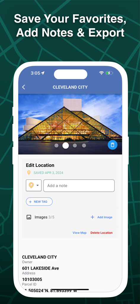 LandGlide: Find Property Lines - Oberfläche der LandGlide App, die zeigt, wie Grundstücksorte bearbeitet, Notizen, Tags und Fotos für ein bestimmtes Grundstück in Cleveland City hinzugefügt werden.