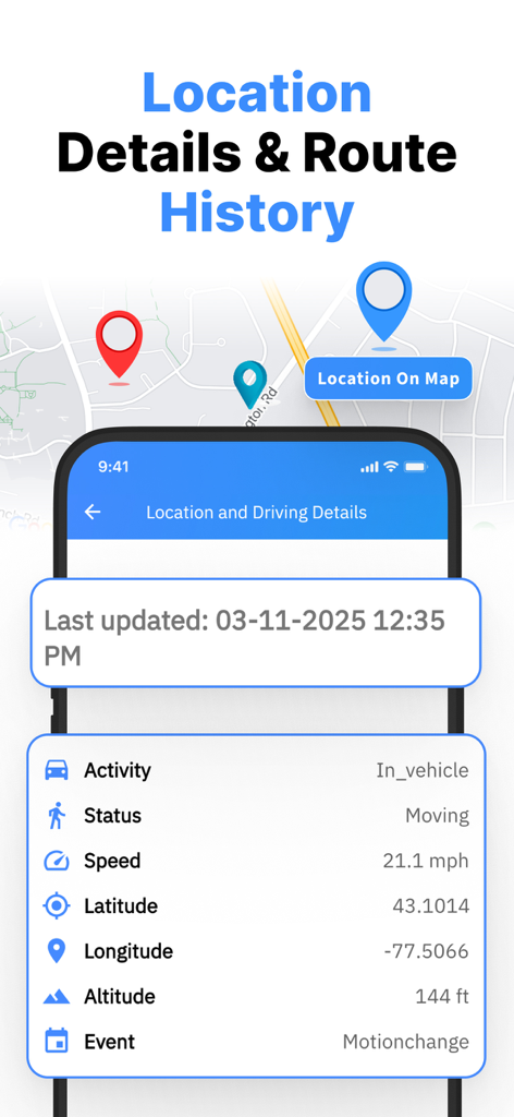 Spy Phone ® Pro Mobile Tracker - Spy Phone Pro app interface showing real-time location and driving details including speed activity and route history
