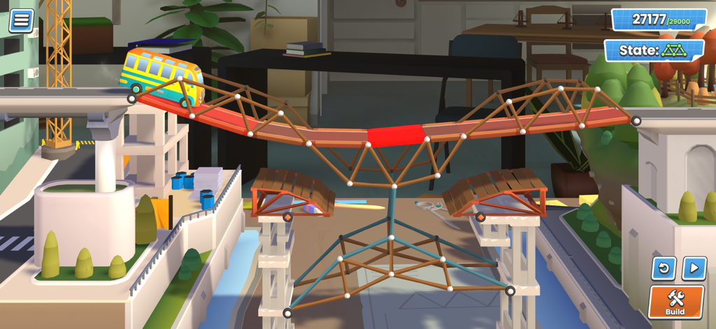 Bridge Constructor Studio - Ein gelber Schulbus überquert eine Brücke in einem 3D-Mini-Diorama-Physiksimulation.