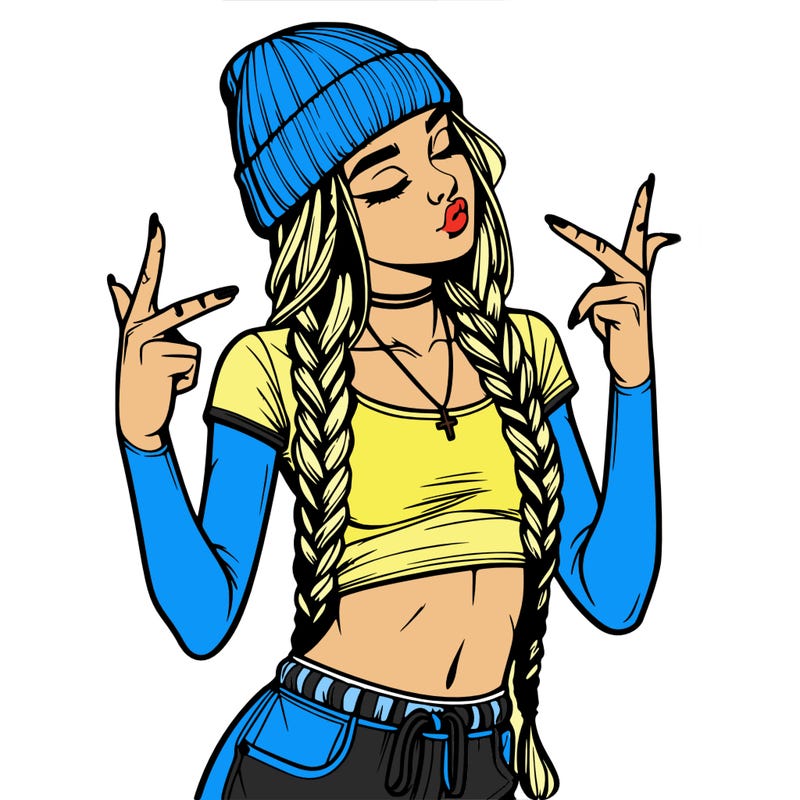 realistic teenage girl with braids and a beanie and crop top doing 🫶🏼