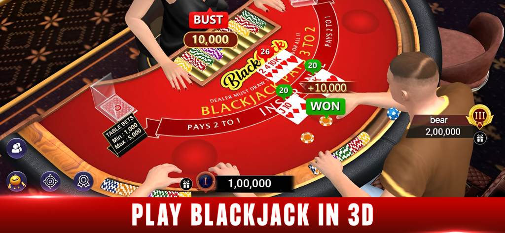 Blackjack 21: Octro Black jack - Una interfaz de mesa de blackjack 3D en Octro Blackjack 21 que muestra a un jugador ganando en un casino virtual