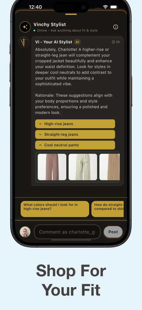 Outfit Generator - Vinchy - Screenshot of the Vinchy app showing an AI stylist providing personalized outfit suggestions and styling tips