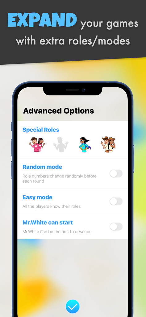 Undercover™: Word Party Game - Le menu des options avancées de l'application Undercover affiche les rôles spéciaux et les modes de jeu supplémentaires, comme le mode aléatoire et le mode facile.