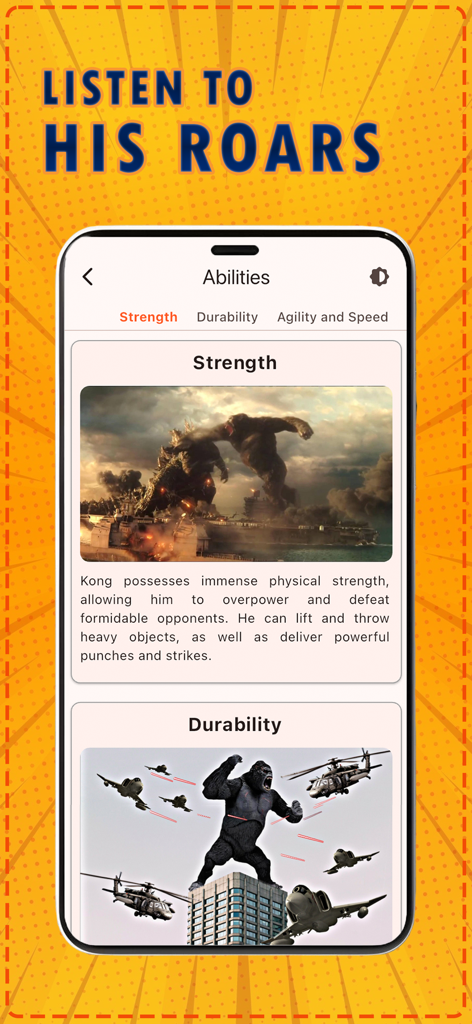 Kong Wiki | KongPedia - King Kong abilities screen in the app showing strength and durability details with movie scenes