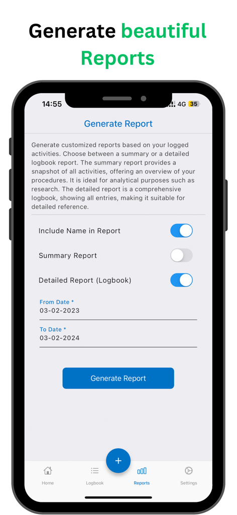 Surgeonal(Surgical Logbook) - Interface for generating surgical activity reports within the Surgeonal app showing report options and date range selection