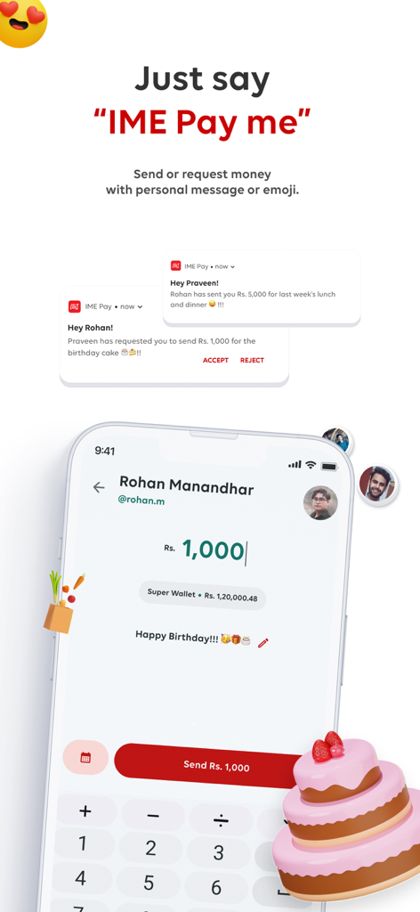 A mobile interface for the IME Pay app showing how to send and request money with personalized messages and emojis