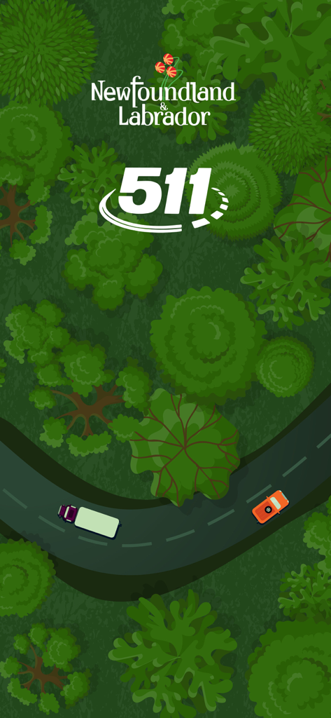 Logo dell'app di informazioni per viaggiatori NL 511 sopra un'illustrazione di una strada che serpeggia attraverso una foresta verde.