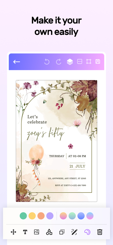 Invitation Card Design Maker - A mobile app screen showing a birthday invitation template being edited with various design tools
