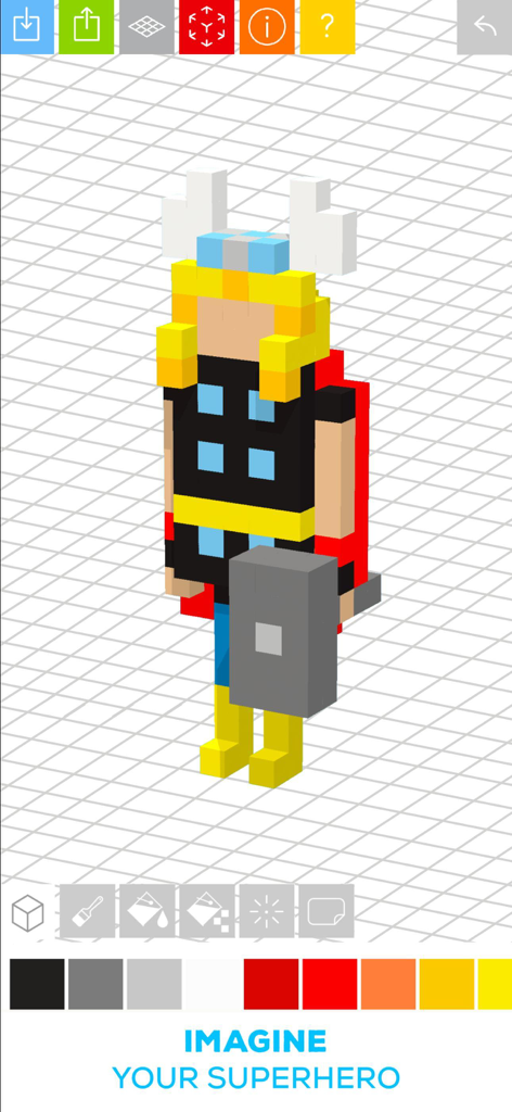 A 3D voxel art model of a superhero inspired by Thor created in the Tayasui Blocks building app.
