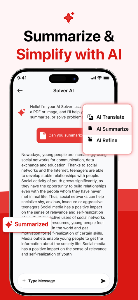 Scanova: PDF Scanner App - Interfaz de la aplicación Scanova mostrando funciones de IA para resumir, traducir y refinar documentos escaneados en un iPhone