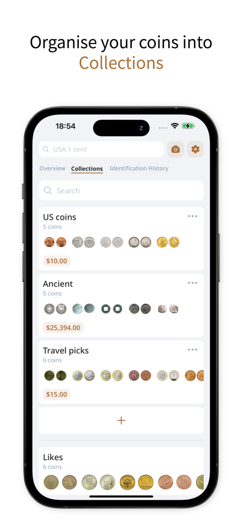 ScanCoin: identify & check - ScanCoin app interface showing coin collections organized by categories like US coins and Ancient coins with estimated values.