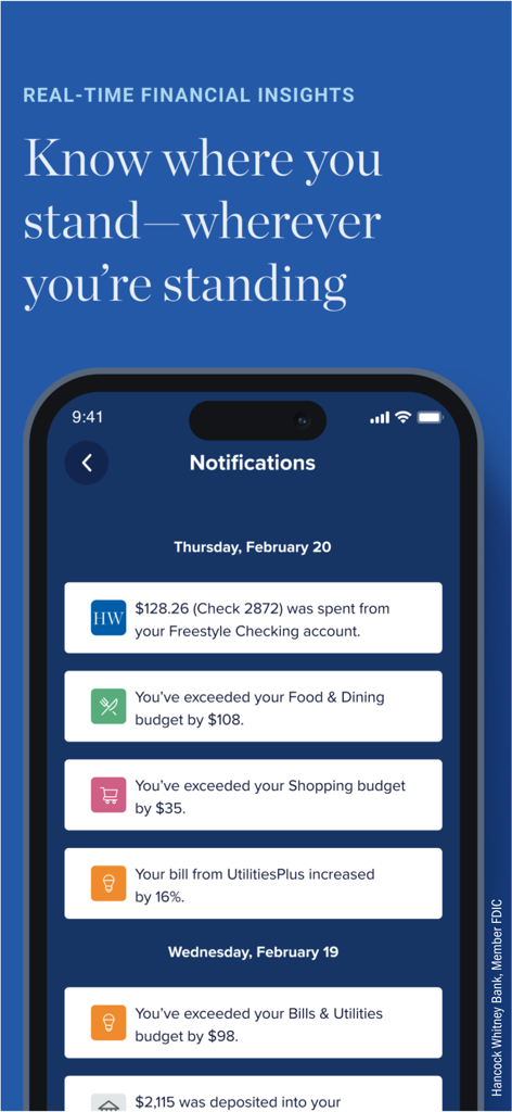 Tela de notificações do aplicativo Hancock Whitney Bank exibindo insights financeiros em tempo real e alertas de orçamento