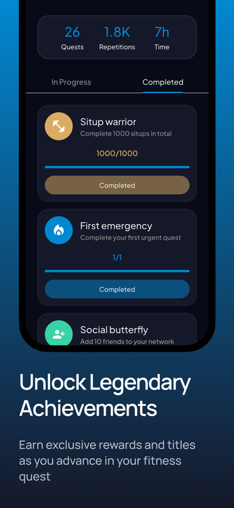 LEVELING: Fitness - Interface de l'application de fitness LEVELING montrant les réalisations légendaires terminées et les statistiques d'entraînement