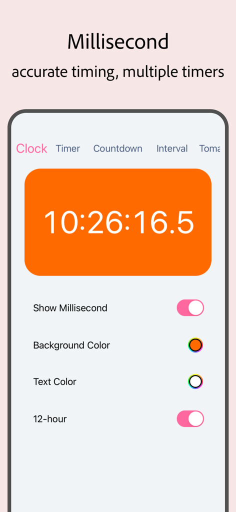 Top Clock - Floating Clock - Top Clock app interface featuring millisecond accurate timing and color customization options.
