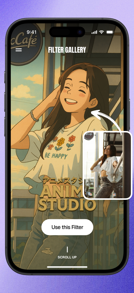 Interface do aplicativo Filtro e Criador de Anime mostrando uma foto real transformada em um personagem de anime