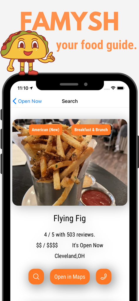 Famysh app interface showing a restaurant recommendation for Flying Fig in Cleveland with ratings and map options.