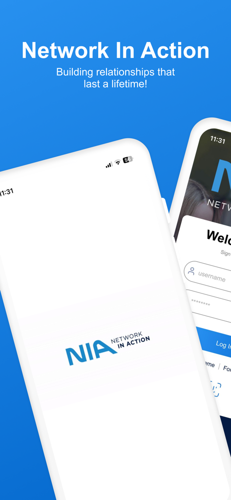Network In Action - Tela de boas-vindas do aplicativo Network In Action mostrando o logo da NIA e o slogan Construindo relacionamentos que duram a vida toda.