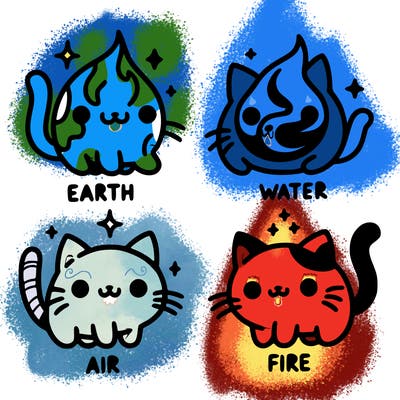 4 cats that represent the different elements, earth, water, air, and fire