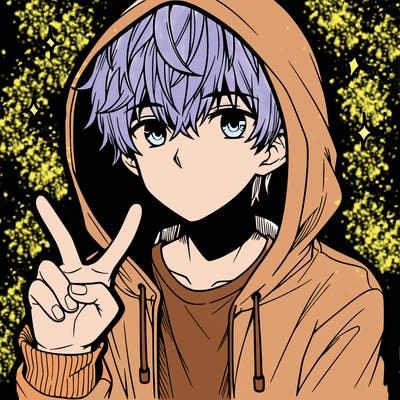 teenage manga boy in a hoodie, doing ✌