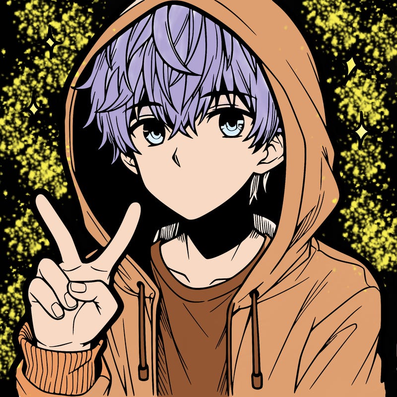 teenage manga boy in a hoodie, doing ✌