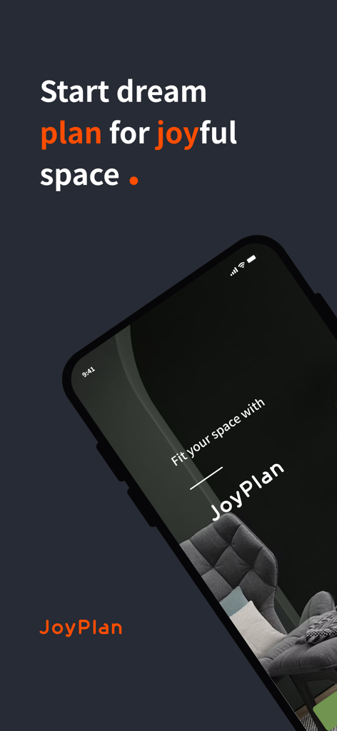 JoyPlan-Quick House Design 3D - JoyPlan app splash screen for house design featuring 3D interior rendering on a smartphone