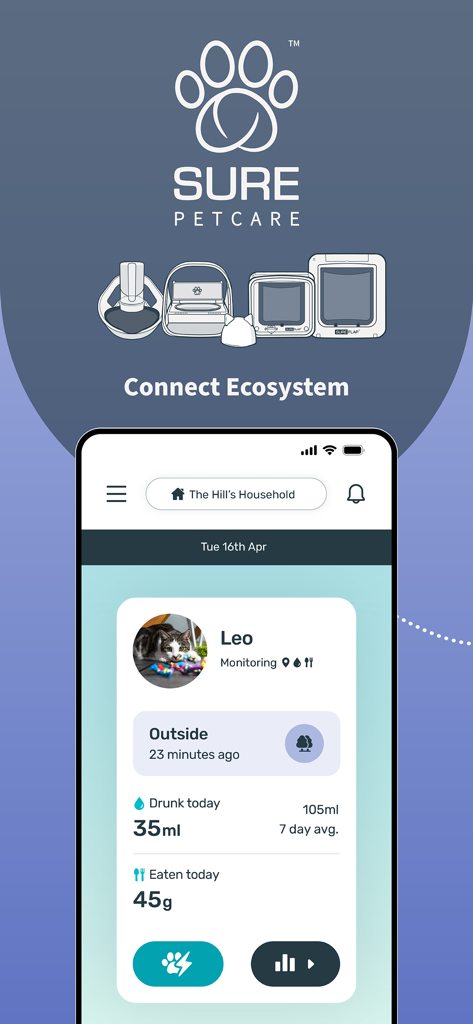 Dashboard dell'app Sure Petcare che mostra approfondimenti sulla salute di un gatto di nome Leo e l'ecosistema di prodotti connessi