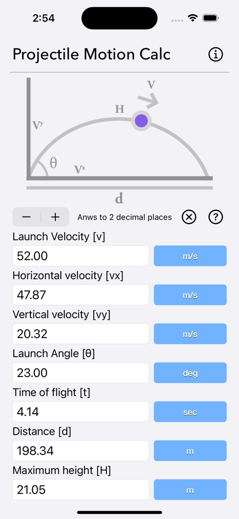 Projectile Motion Calc - Projectile Motion Calc mobile app screen showing trajectory physics calculations and data fields