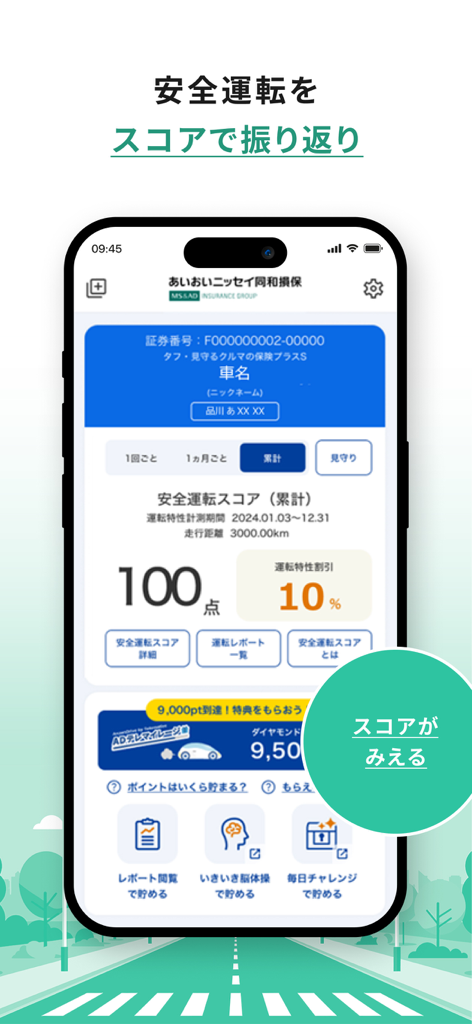 Mobile app interface of Aioi Nissay Dowa insurance showing a safe driving score of 100 points and a 10 percent insurance discount