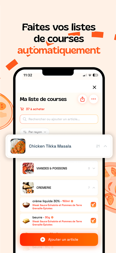 Yapluka - Recettes & Planning - Interfaz de aplicación móvil de Yapluka que muestra una lista de compras automatizada con ingredientes organizados por pasillos de supermercado