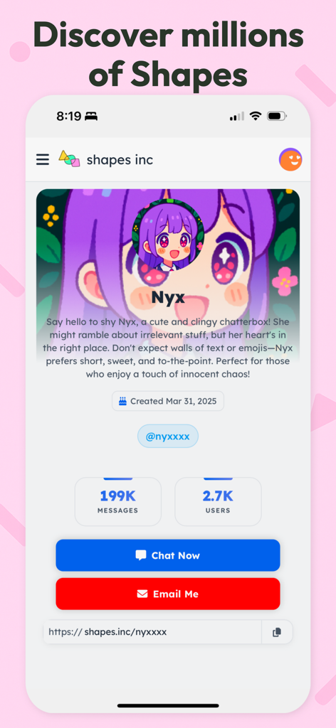 shapes inc: groupchats with ai - Una página de perfil para Nyx, un personaje de IA estilo anime con estadísticas y un botón de chat en la aplicación Shapes Inc.