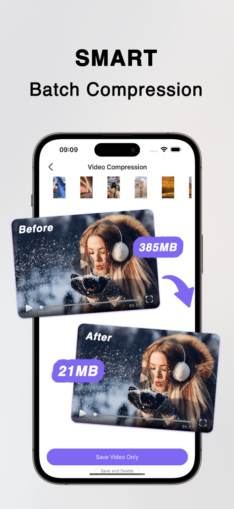 HandBrake - Video Compressor - スマートバッチ技術を使用して、動画ファイルが385MBから21MBに圧縮されている様子を示すiPhone画面