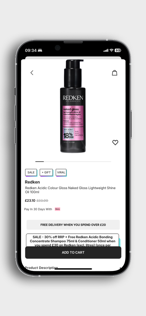 Justmylook - Justmylook mobile app product screen for Redken hair oil featuring price details and add to cart button