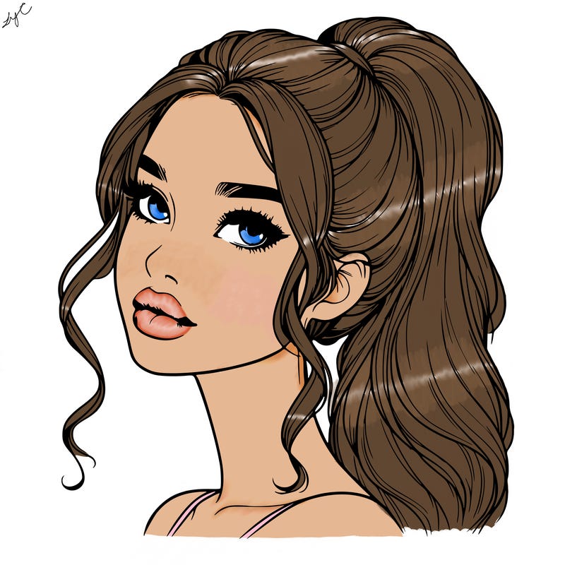 realistic girl with a ponytail on her hair and lips