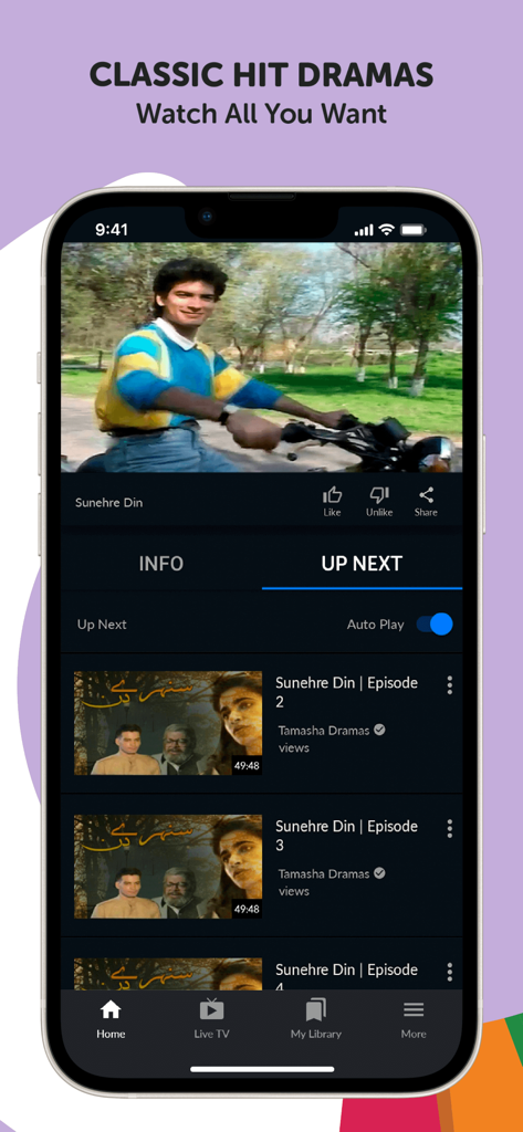 Tamasha: Live TV, Movie, Drama - L'app Tamasha mostra un elenco di episodi di drammi pakistani classici su un telefono cellulare