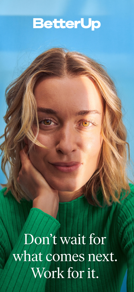 A confident professional woman featured on a BetterUp app promotional screen with career growth text