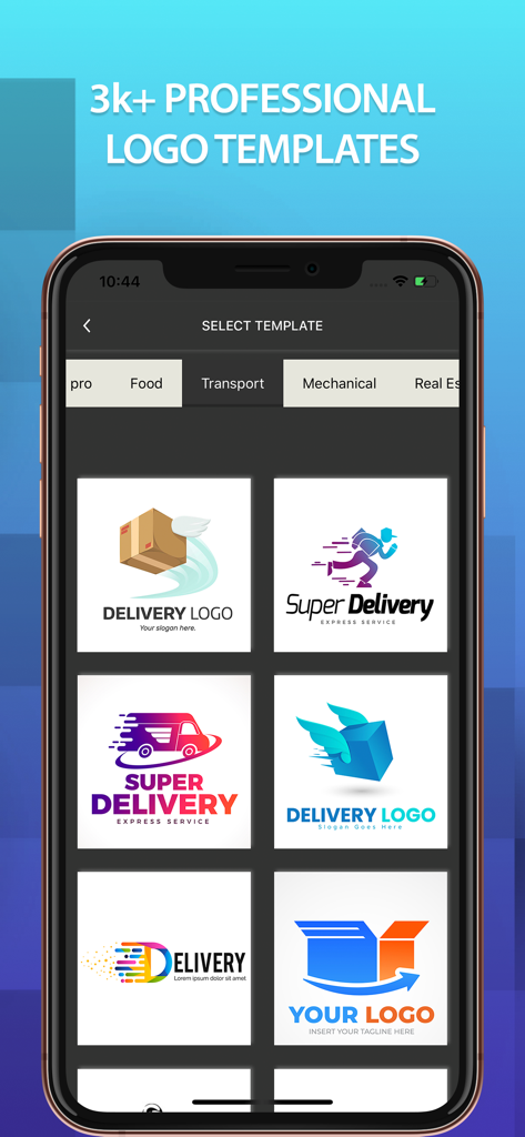 Logo Maker: Create & Design - Pantalla de la aplicación móvil mostrando varias plantillas profesionales de logos de entrega