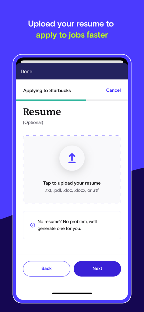 Snagajob - Jobs Hiring Now - Capture d'écran de l'application mobile Snagajob affichant les options permettant de télécharger un CV ou d'en générer un automatiquement afin de postuler plus rapidement à des emplois horaires.